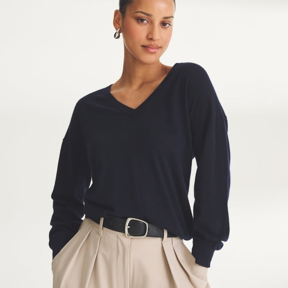 Naadam Fancy Super Fine Cashmere V-Neck Sweater - Navy Blue - Large - Picture 1 of 14